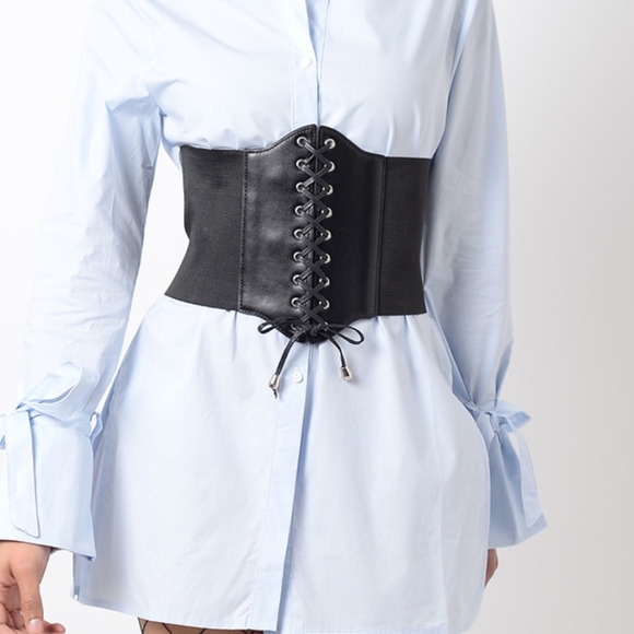 Womens Black Faux lace up stretch faux leather corset wide waist boho wrap Belt - Picture 11 of 13